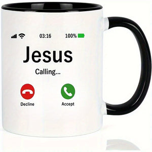 1pc Ceramic Coffee Mug with Jesus Calling Design - Durable Cup for Hot Beverages, Novelty Religious Theme, Great for Gifts and Daily Use - Accept Decline Caller ID Graphic