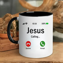 Charger l&#39;image dans la galerie, 1pc Ceramic Coffee Mug with Jesus Calling Design - Durable Cup for Hot Beverages, Novelty Religious Theme, Great for Gifts and Daily Use - Accept Decline Caller ID Graphic
