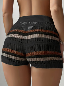 Stripe Print Skinny Pointelle Knit Shorts, Casual High Waist Tied Shorts For Spring & Summer, Women's Clothing