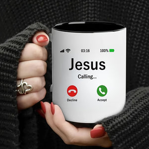 1pc Ceramic Coffee Mug with Jesus Calling Design - Durable Cup for Hot Beverages, Novelty Religious Theme, Great for Gifts and Daily Use - Accept Decline Caller ID Graphic