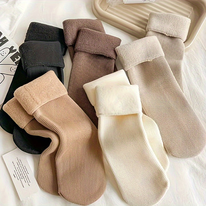 5 Pairs Women's Plus Simple Socks, Plus Size Solid Plush Lined Thick Warm Floor Snow Socks for Fall & Winter