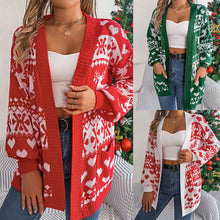 Charger l&#39;image dans la galerie, 2024 Christmas Clothes Women&#39;s Open Front Cardigan Knitwear Lantern Sleeve Xmas Printed Oversized Deer Sweater Pockets Knitted
